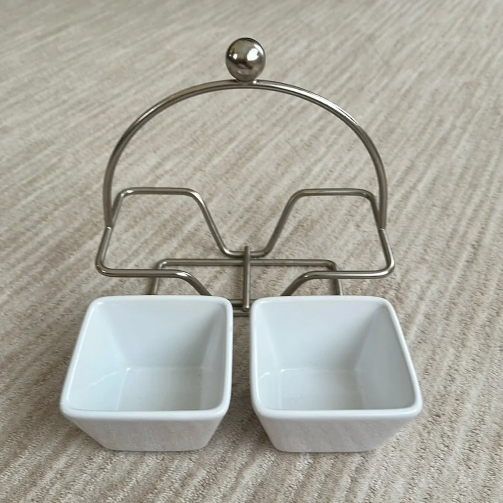 PAMPERED CHEF Simple Additions Brushed Silver Caddy w/ 2 Square White Bowls